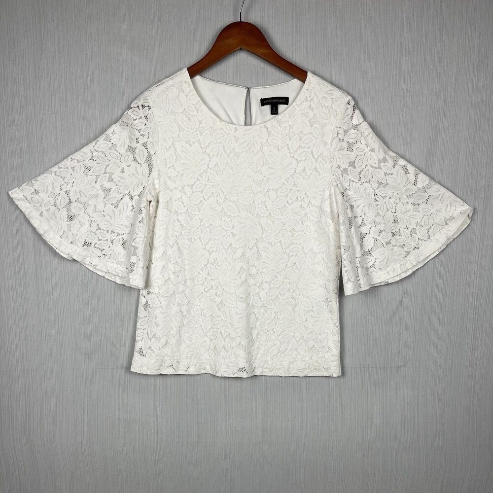 Banana Republic Lace Blouse Women S White Bell Sleeve Fully Lined Romantic - Picture 2 of 10